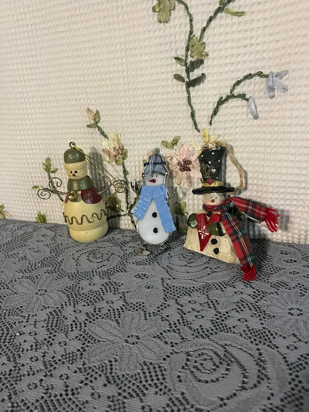Lot 3 Snowman Christmas Ornaments Stained Glass Suncatcher Folk Art Wood Resin